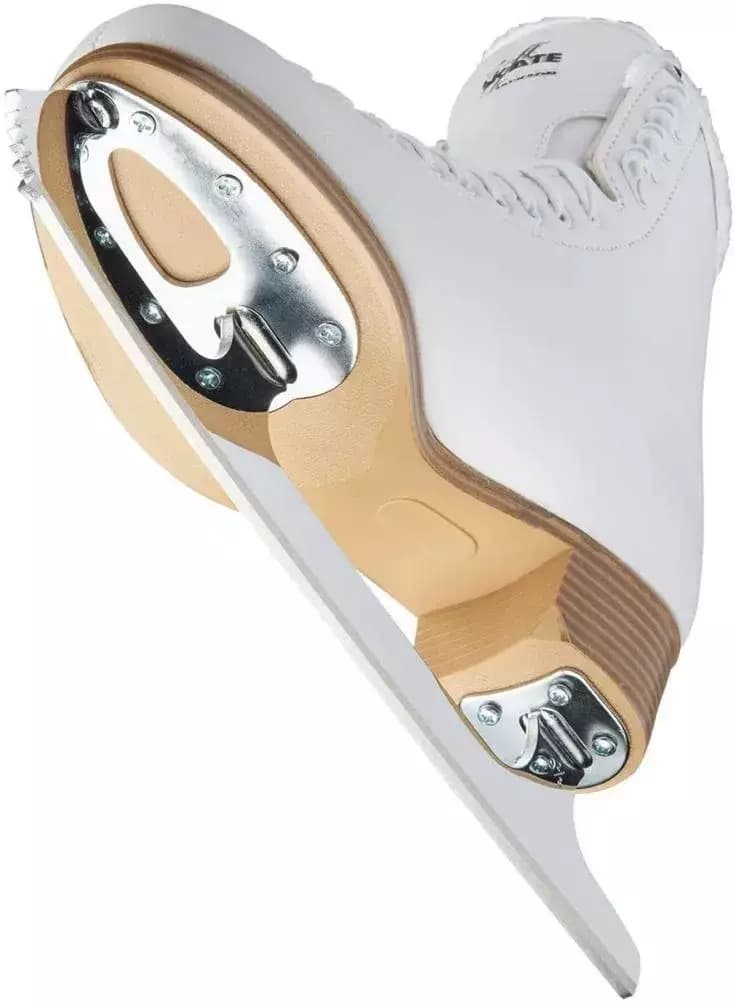 Antique tan PVC outsole of the Jackson SoftSkate 380 with the blade fixed to chrome toe and heel plates