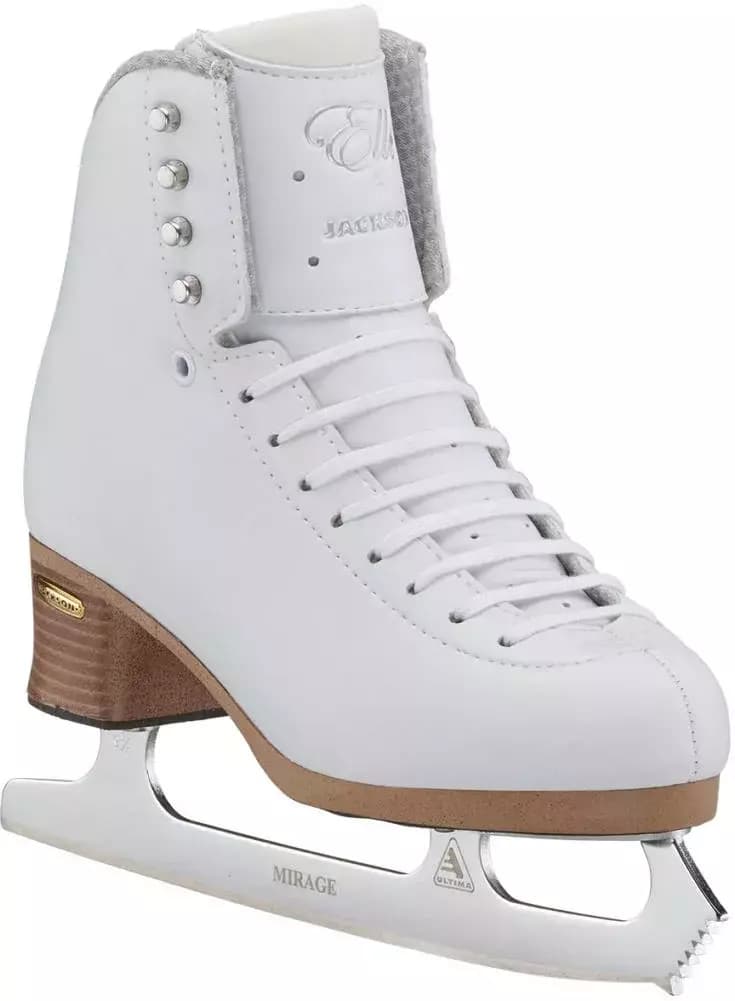 Jackson Ultima Elle FS2130 skate angled outside view: gold Jackson heel plate, tan Fusion sole and Ultima Mirage blade etching