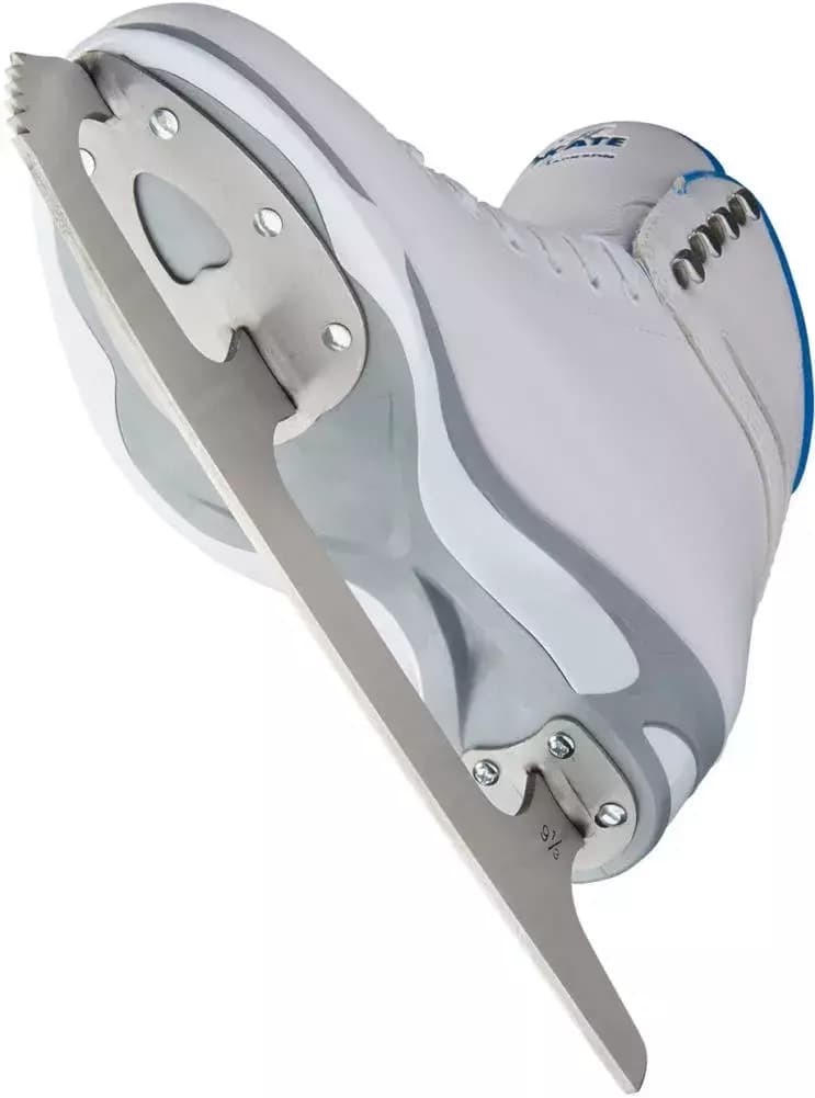 Underside of the Jackson SoftSkate JS180 showing the white PVC outsole and screw-mounted Mark I blade plates