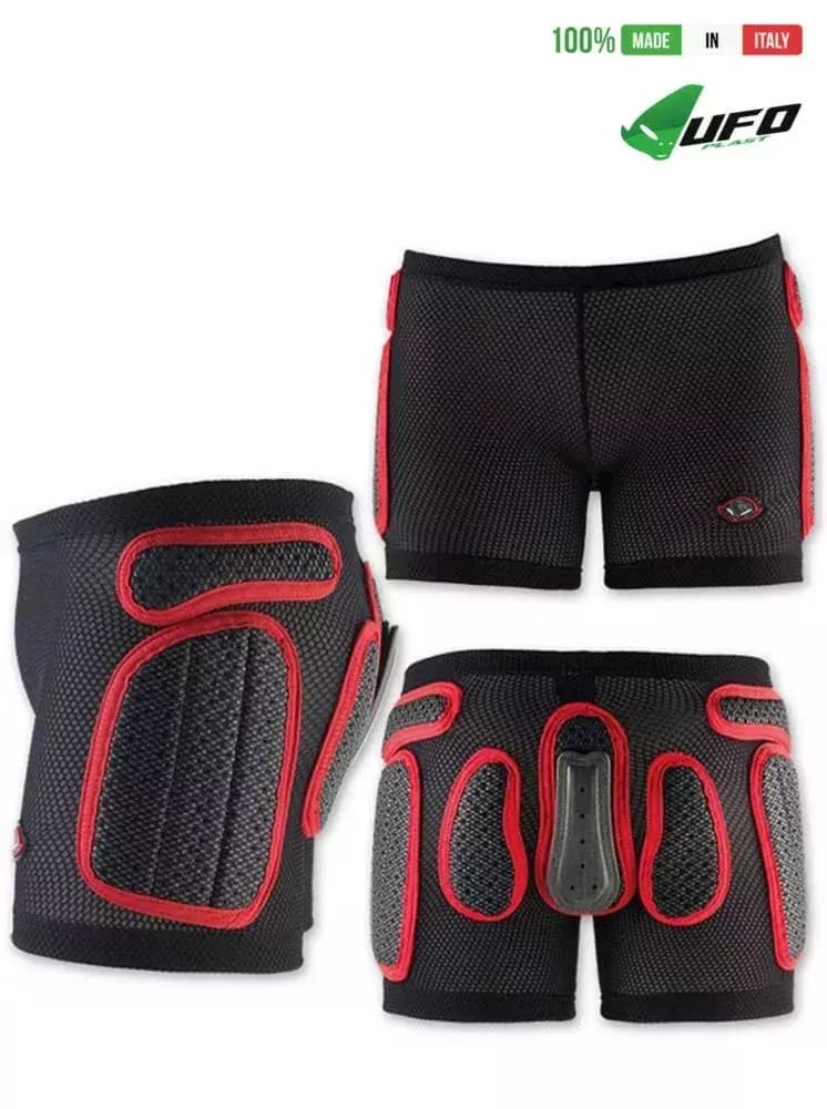 UFO PLAST Made in Italy – Soft Padded Shorts For Kids, Removable Hip and Side Protection, Black with Red 65