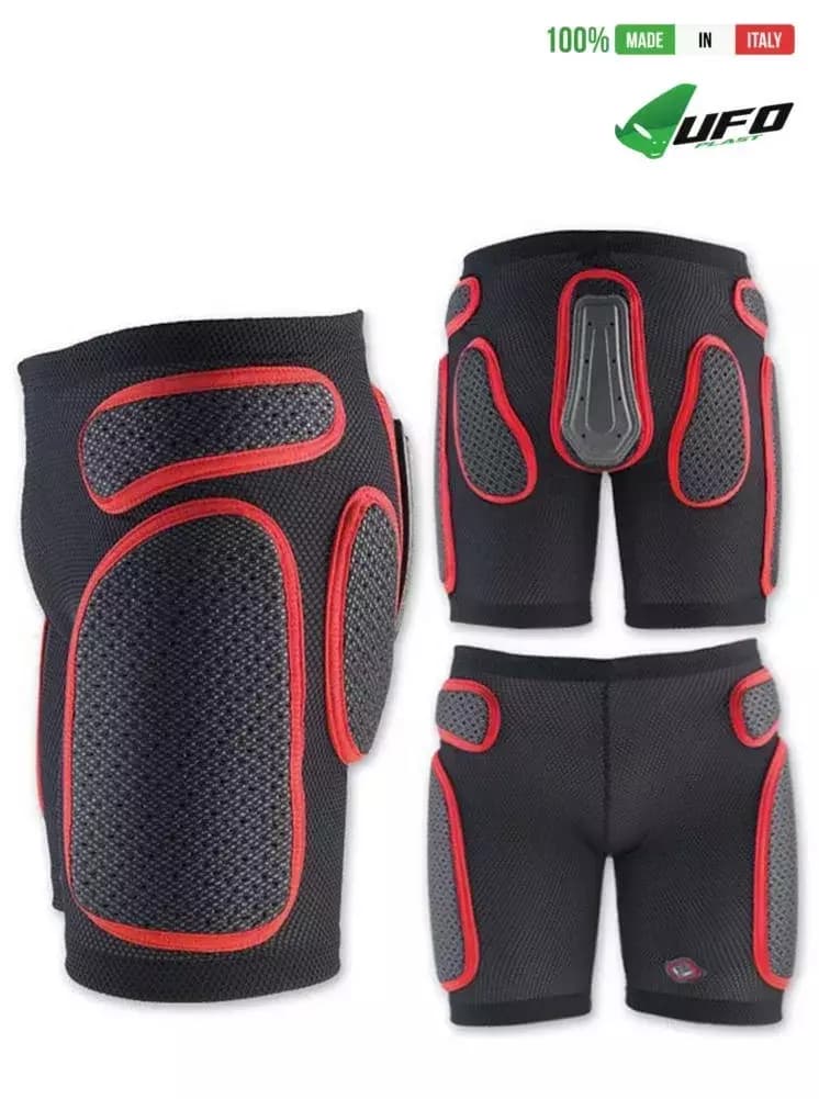 UFO PLAST Made in Italy – Soft Padded Shorts, Hip Protection, Removable Plastic Padding, Black with Red 49
