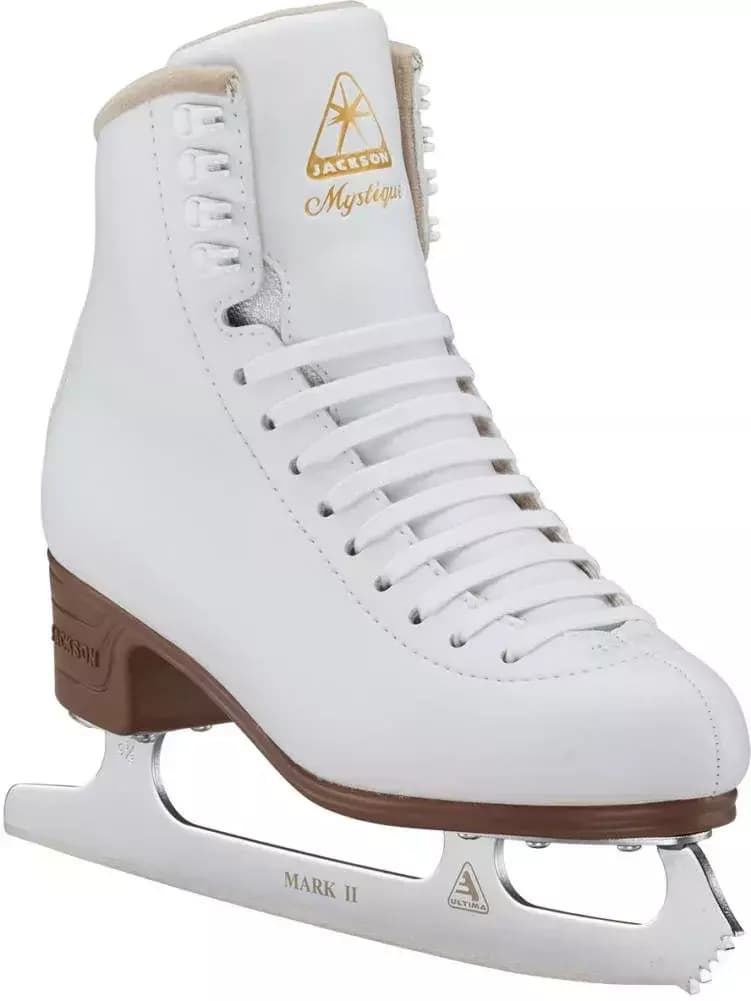 Jackson Ultima Mystique JS1490/JS1491 Women’s and Girls’ Figure Skates 4 Jackson Ultima Mystique JS1490 figure skate from the outside front angle, with the gold Mystique script and MARK II blade etching