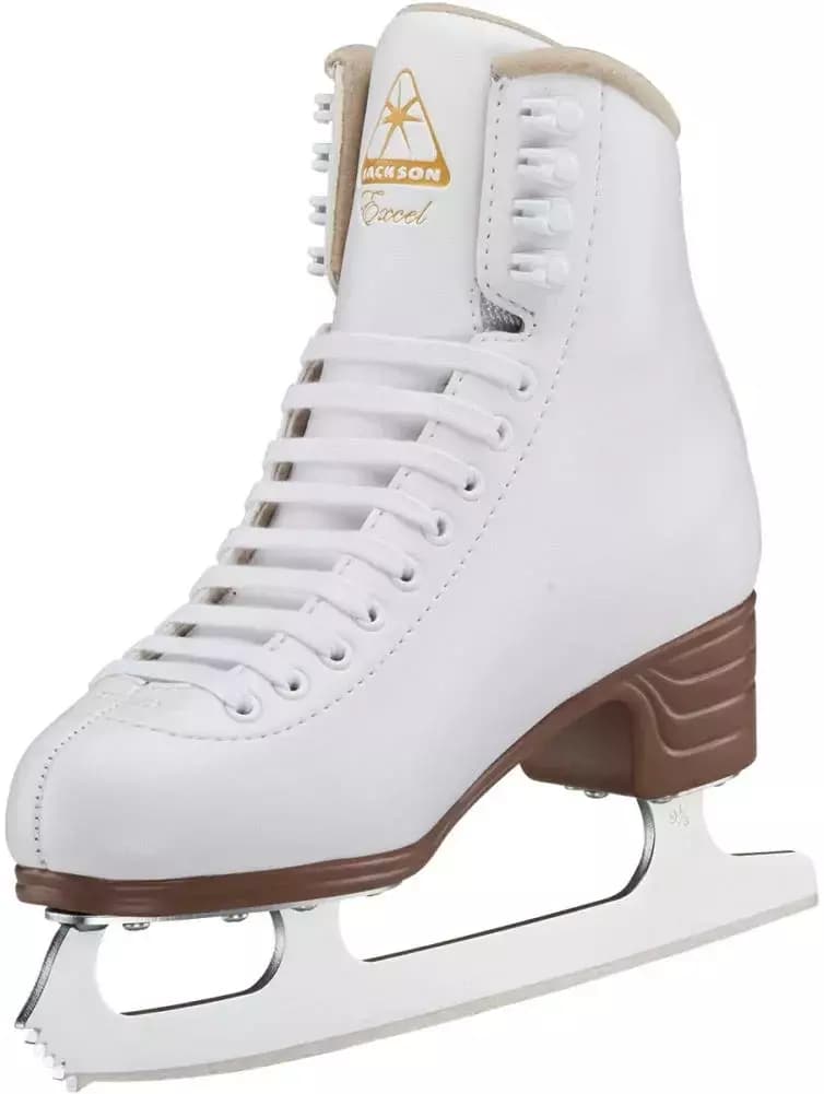 Jackson Ultima Excel skate, front inside angle with the gold Jackson Excel logo on the tongue and the flex notch