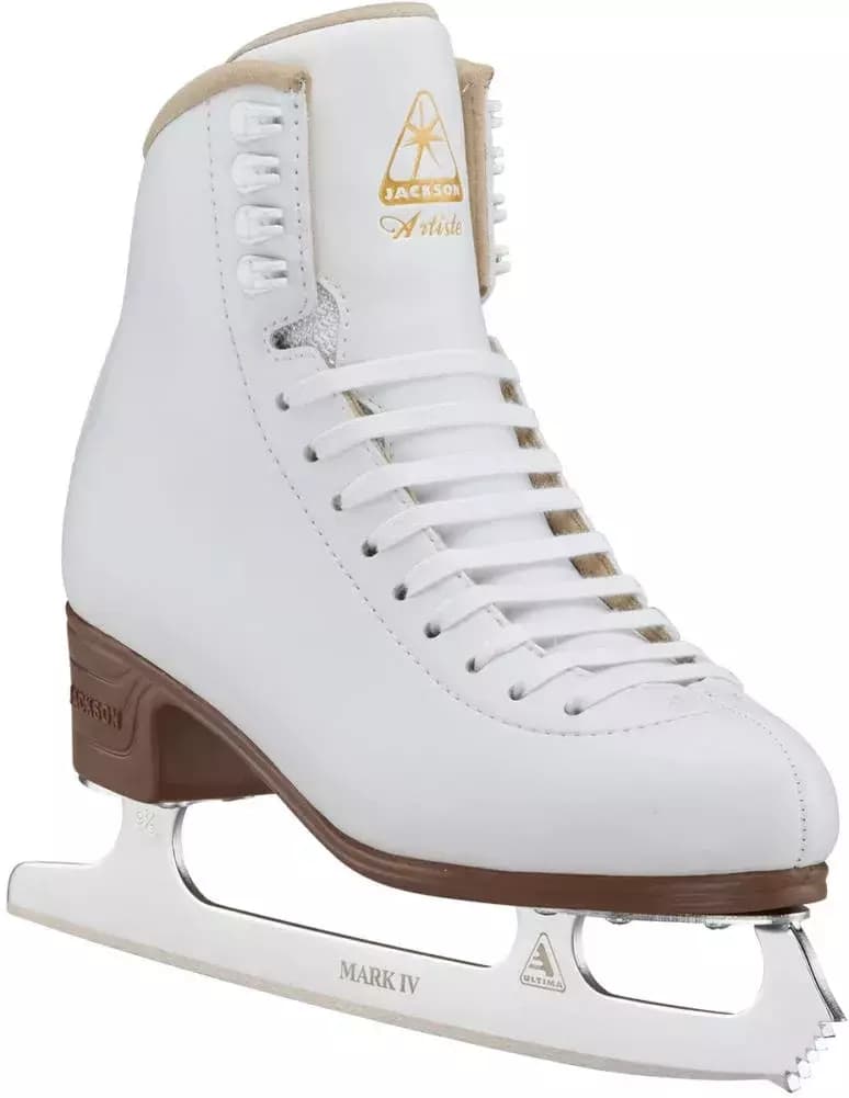Jackson Ultima Artiste JS1790 Women’s and Girls’ Figure Skates 4 Jackson Ultima Artiste JS1790 figure skate, angled outside view: JACKSON molded on the brown heel, MARK IV and Ultima logo etched on the chrome blade