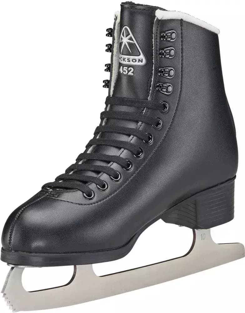 Jackson Finesse JS452 black figure skate front view with chrome Jackson badge