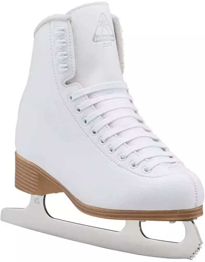 Jackson Ultima Classic 200 Women’s and Girls’ Ice Skates Mark I Blade 2 Jackson Ultima Classic 200 figure skate side view showing the white vinyl-coated upper and stacked tan heel