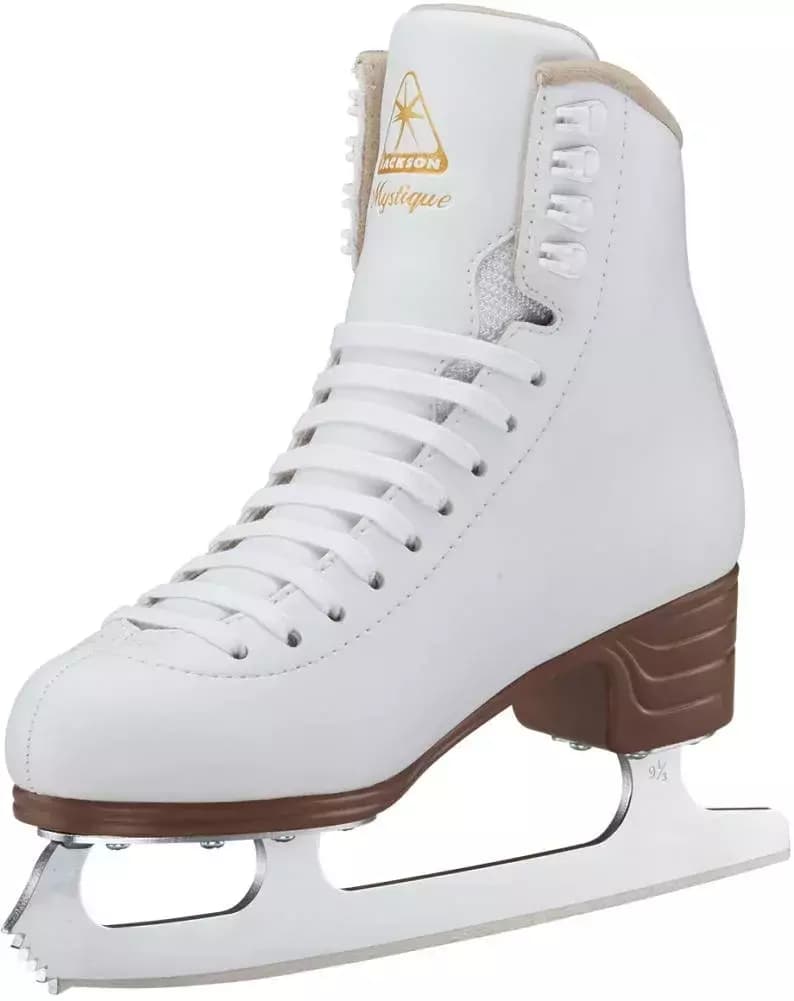 Jackson Ultima Mystique JS1490/JS1491 Women’s and Girls’ Figure Skates 3 Jackson Ultima Mystique JS1490 figure skate from the inside front angle, showing the gray mesh flex notch and four lace hooks