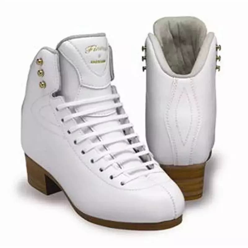 Jackson Ultima Finesse DJ2510 Figure Skating Women’s and Girls’ Boots Jackson Ultima Finesse DJ2510 white figure skating boots without blades, gold Finesse script and tan stacked heels