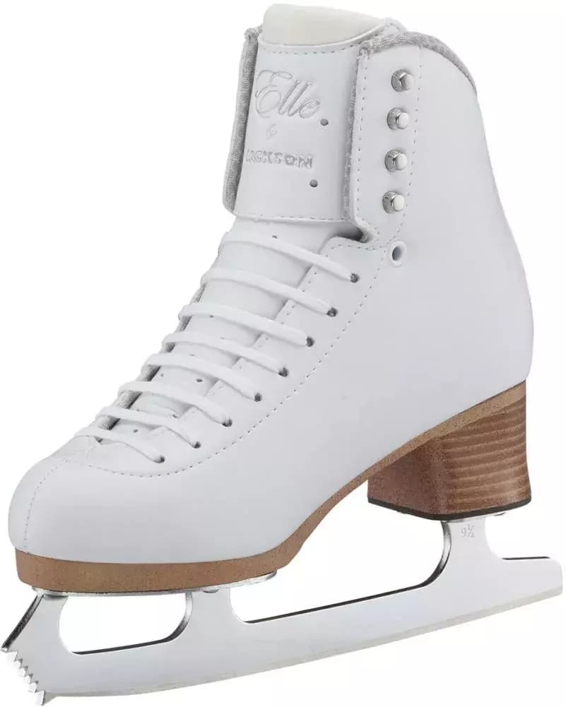 Jackson Ultima Elle FS2130 skate angled inside view: white microfiber boot, Elle by Jackson tongue embroidery with Swarovski crystals