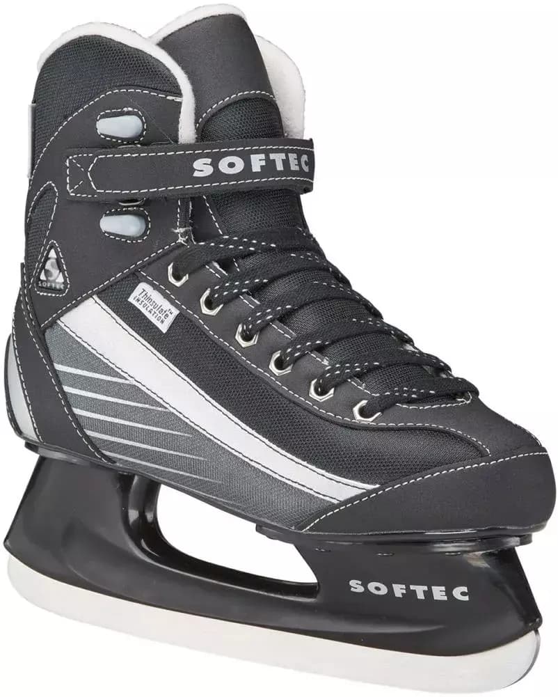 Softec Sport ST6102 outer three-quarter view showing the silver heel-counter panel and stainless steel hockey runner