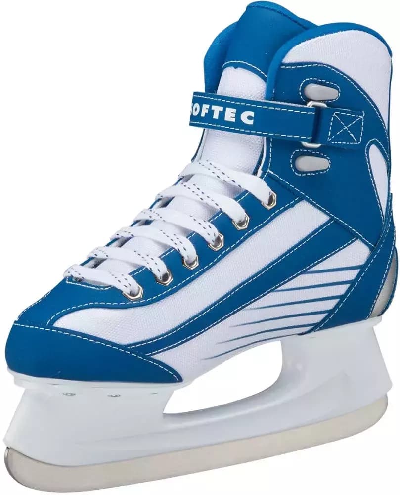 Jackson Ultima Softec Sport ST6100 / ST6101 Women’s and Girls’ Ice Skates with Hockey Blade 3 Softec Sport ST6100 inner three-quarter view: the SOFTEC Velcro ankle strap, two molded lace loops and a row of metal eyelets