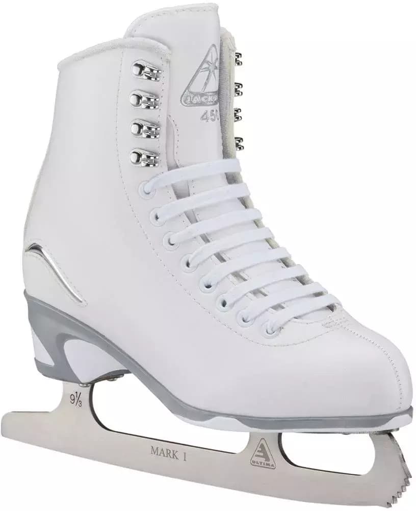 Jackson Finesse JS450 white figure skate with chrome hooks and felt-lined collar