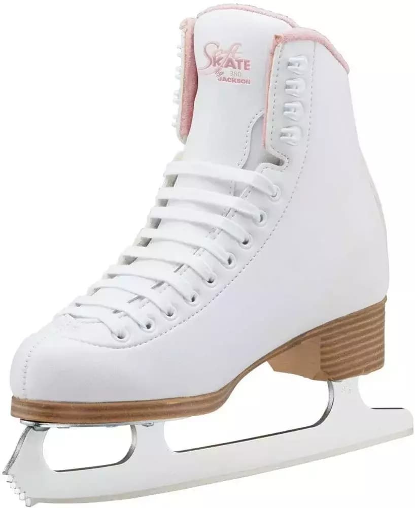 Outside quarter of the Jackson SoftSkate 380 with the pink Soft Skate by Jackson 380 script above the tan sole
