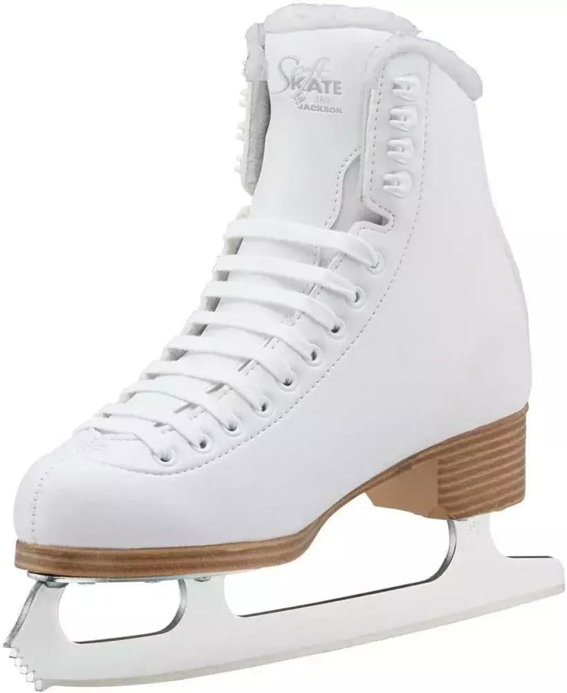 Jackson Classic SoftSkate 380 in white, three-quarter view showing the SoftSkate script on the quarter and antique tan PVC sole