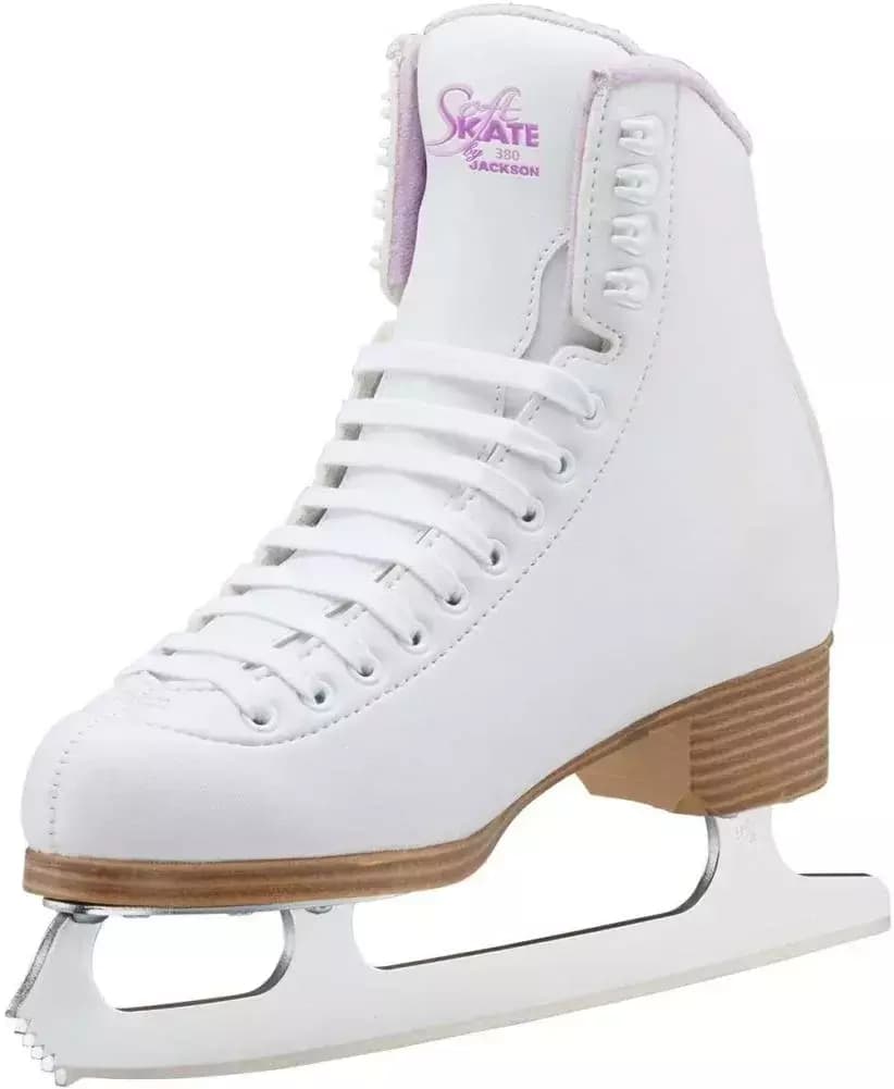 Angled front view of the Jackson SoftSkate 380 showing the purple SoftSkate logo, white laces and four lace hooks