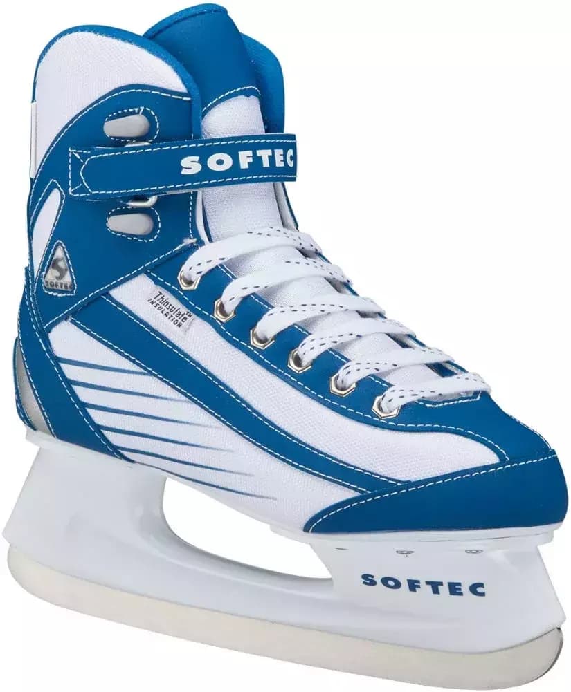 Jackson Ultima Softec Sport ST6100 / ST6101 Women’s and Girls’ Ice Skates with Hockey Blade 4 Softec Sport ST6100 outer three-quarter view showing the blue heel counter, silver panel and stainless steel hockey runner