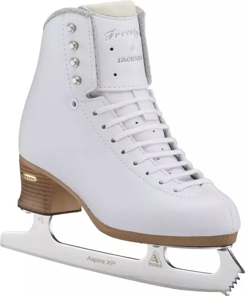 Jackson Freestyle FS2190 figure skate at an outside angle showing the white microfiber upper
