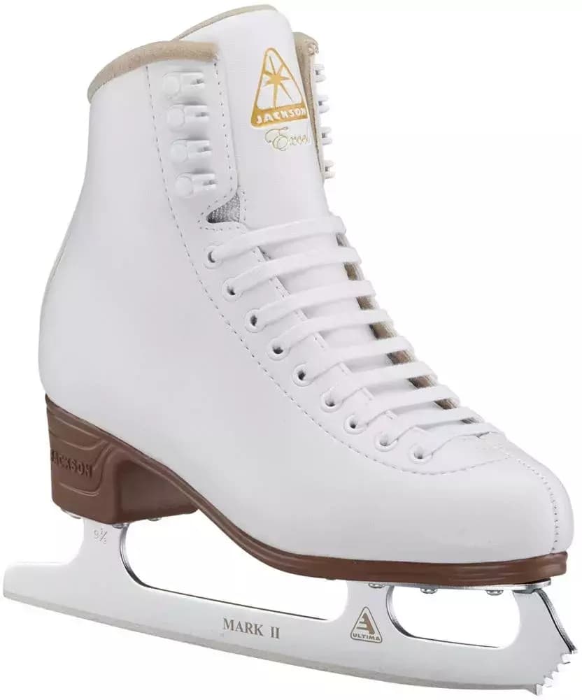 Jackson Ultima Excel skate, front outside angle with white laces, four pairs of lace hooks and the Mark II blade