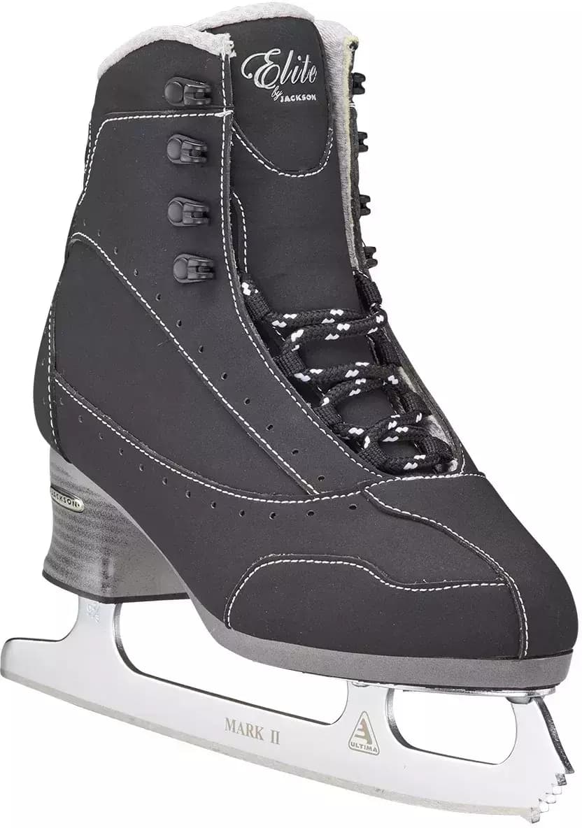 Three-quarter outside view of the black Softec Elite ST7200 women's figure skate with the Ultima Mark II blade
