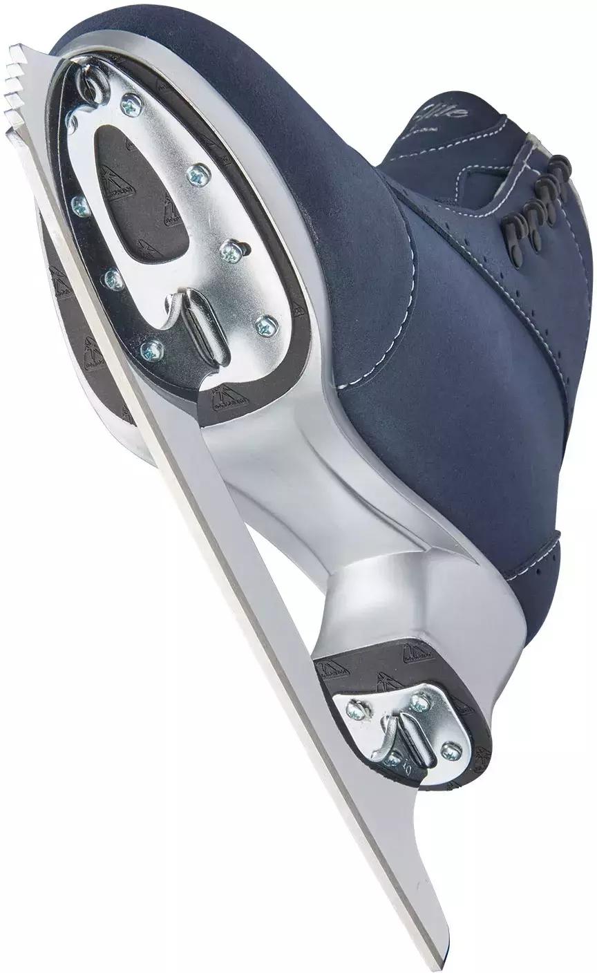 Jackson Ultima Softec Elite ST7200 Women’s Ice Skates / Navy 11 Underside of the navy Softec Elite ST7200 with the Ultima Mark II blade screwed to metal toe and heel plates