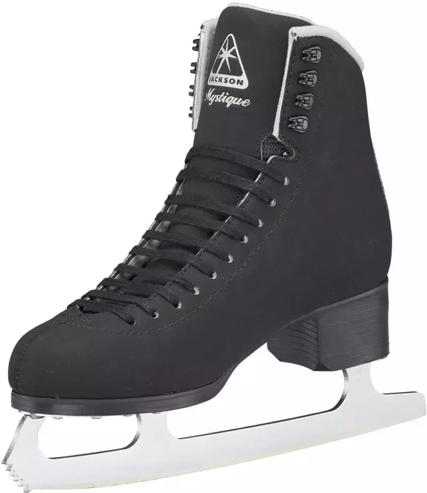 Jackson Mystique black figure skate front view with Mystique tongue patch and speed hooks