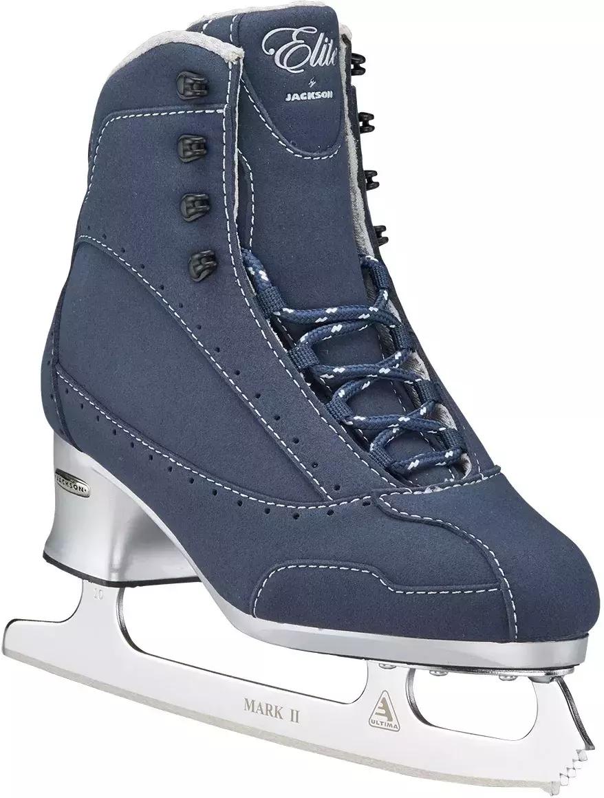 Jackson Ultima Softec Elite ST7200 Women’s Ice Skates / Navy 6 Navy Softec Elite ST7200 from the outside front, blade etched Ultima Mark II