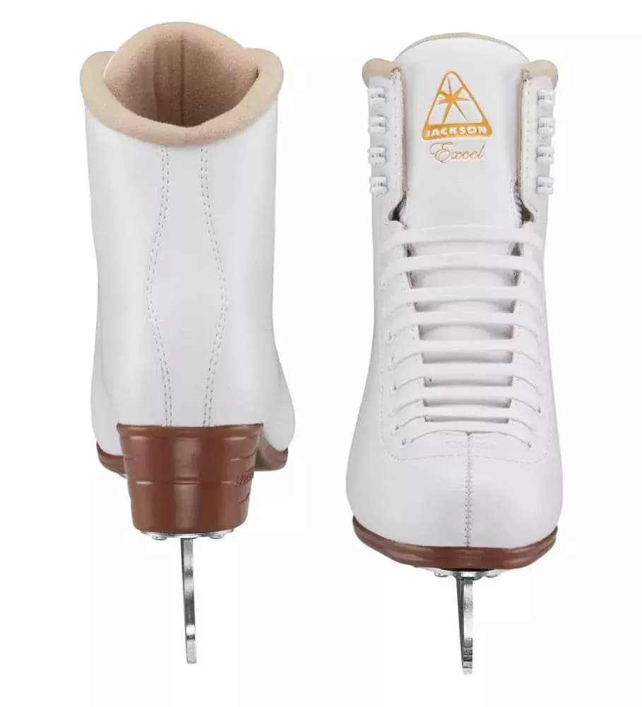 Jackson Ultima Excel skates, front and back view showing the padded tan collar, tongue logo and stacked-look heel