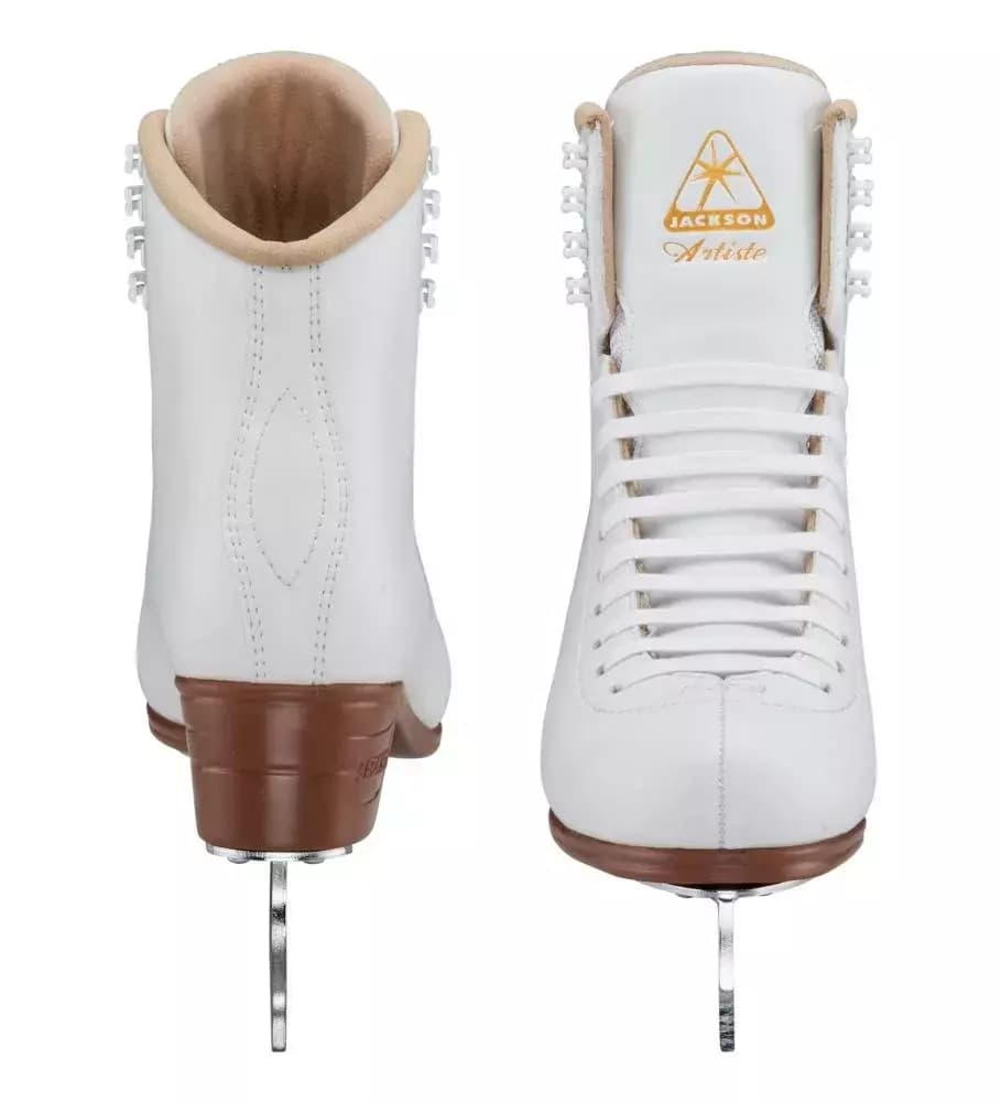 Jackson Ultima Artiste JS1790 Women’s and Girls’ Figure Skates 6 Jackson Ultima Artiste JS1790 figure skates, front and back view: stitched heel counter, tan padded collar, gold Jackson Artiste tongue logo, white laces