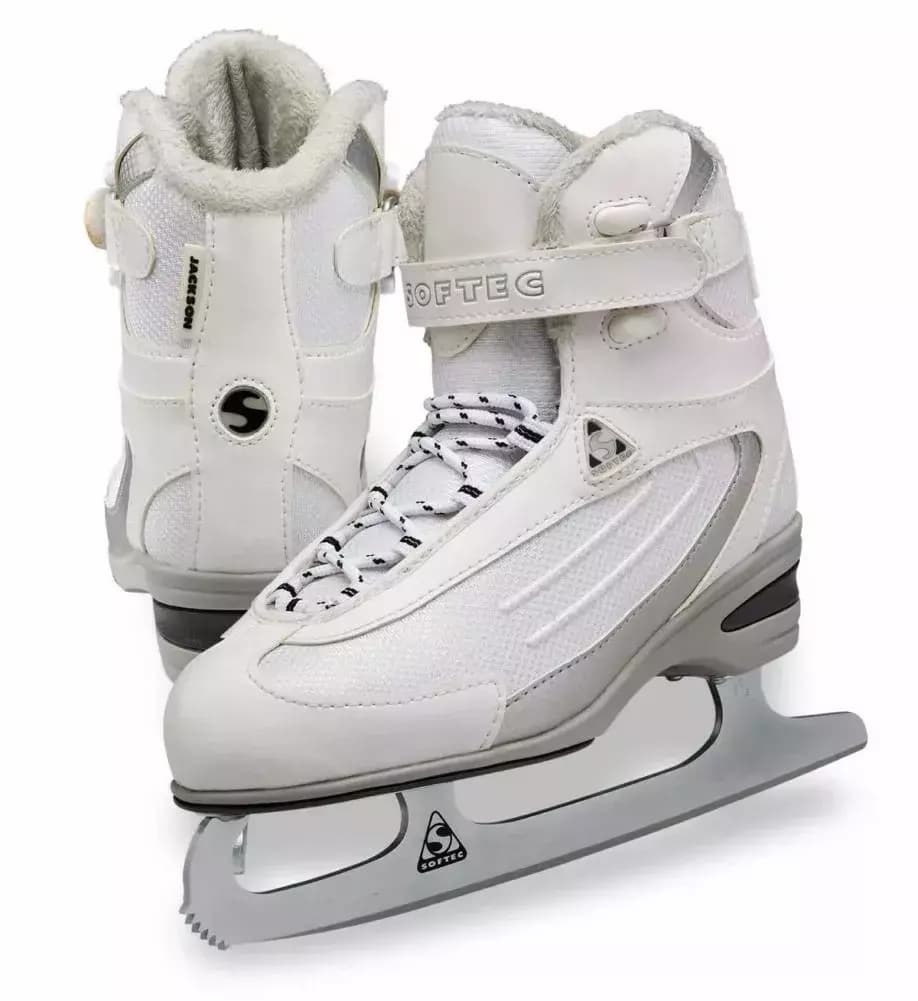 Jackson Softec ST2300 ice skates in white, showing the fabric lace loops and the Softec-badged figure blade with its toe pick