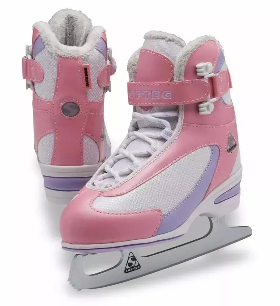 Jackson Softec ST2321 youth ice skates in pink with lilac trim and a white and lilac two-color figure outsole