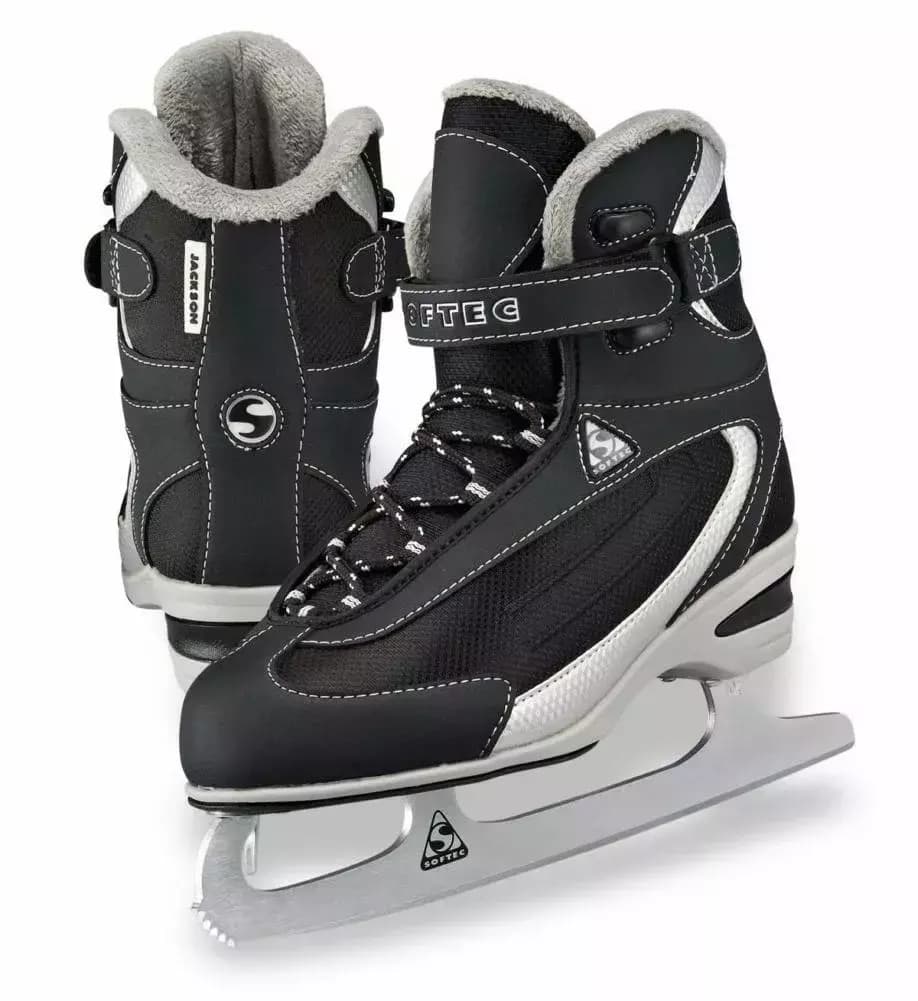 Jackson Softec ST2300 ice skates in black, showing the fleece-lined rolled collar, SOFTEC Velcro ankle strap and Softec figure blade