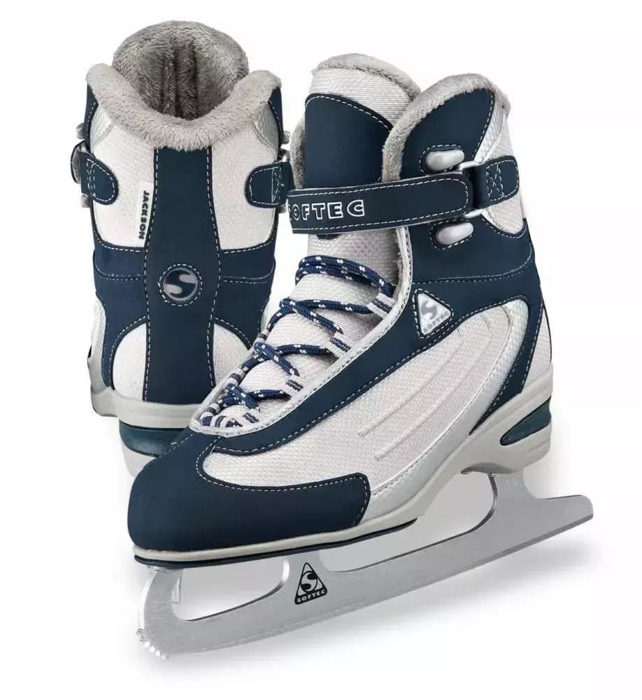 Jackson Softec ST2300 ice skates in navy and white, with the Velcro ankle strap, SOFTEC quarter badge and two-color figure outsole
