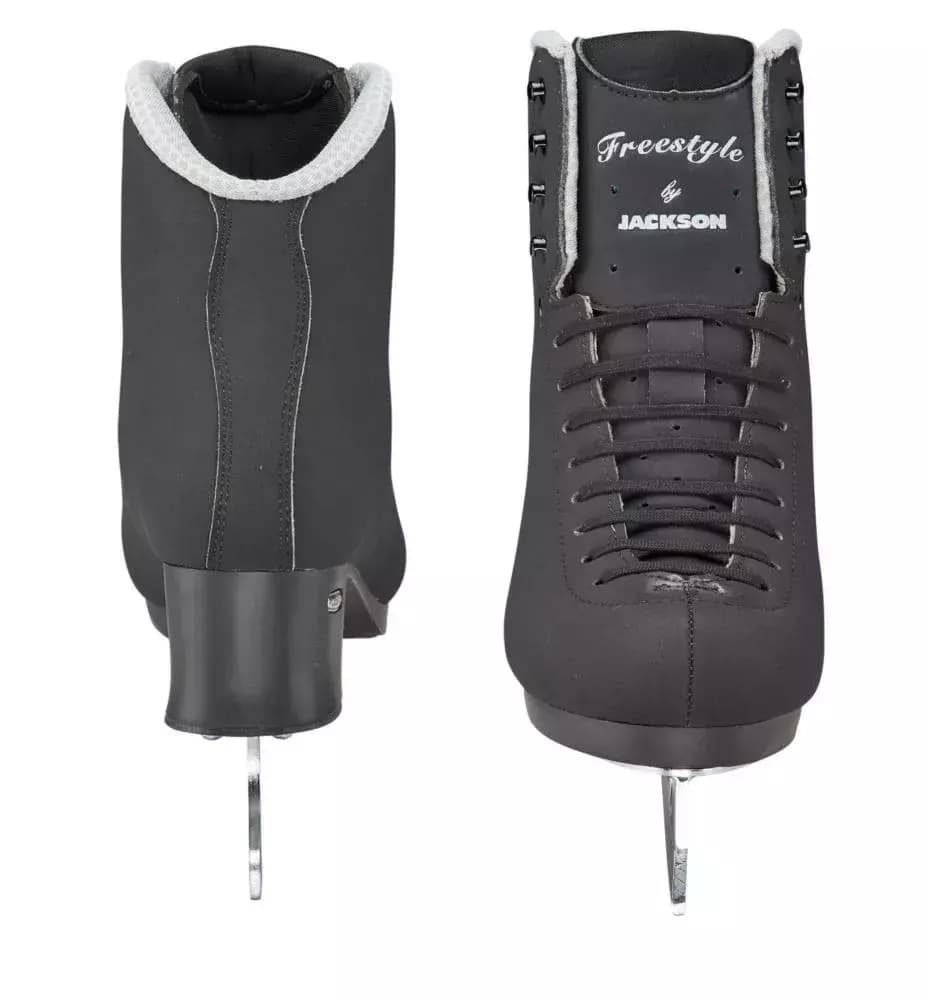 Jackson Ultima Freestyle Fusion FS2192 Mark II Blades Men’s and Boys’ Ice Skates 3 Front and back views of the black Freestyle Fusion FS2192 Mark II showing the U-shaped back panel and the embossed tongue