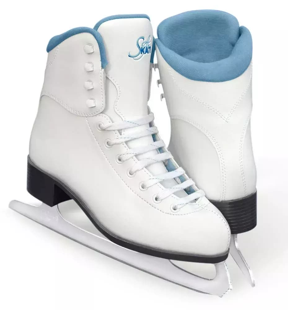 Jackson Ultima Glacier GS180 Women’s and Girls’ Ice Skates Jackson Glacier GS180 white figure skate with blue lining and collar, charcoal PVC outsole and Ultima Mark I blade