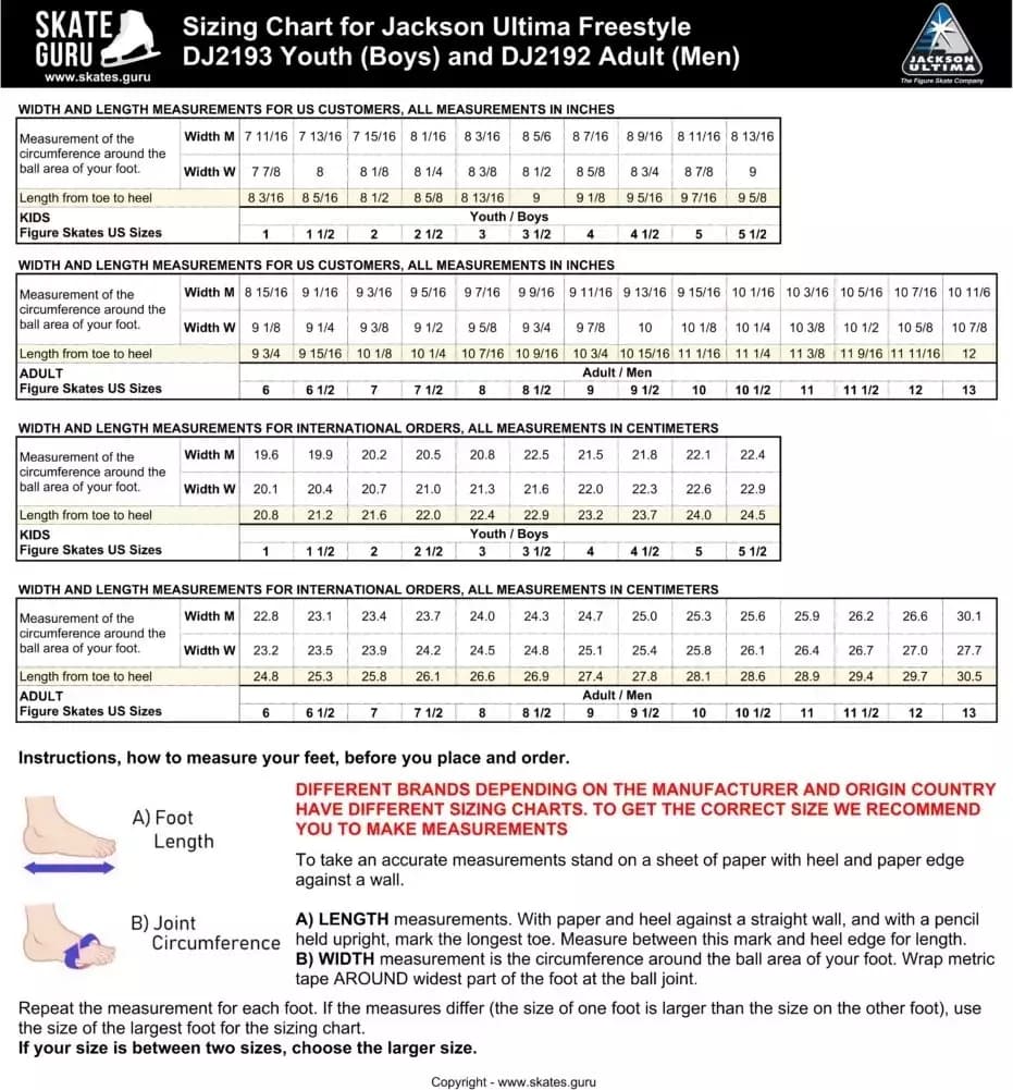 Sizing chart for Jackson Ultima Freestyle DJ2193 youth and DJ2192 adult figure skates, widths M and W