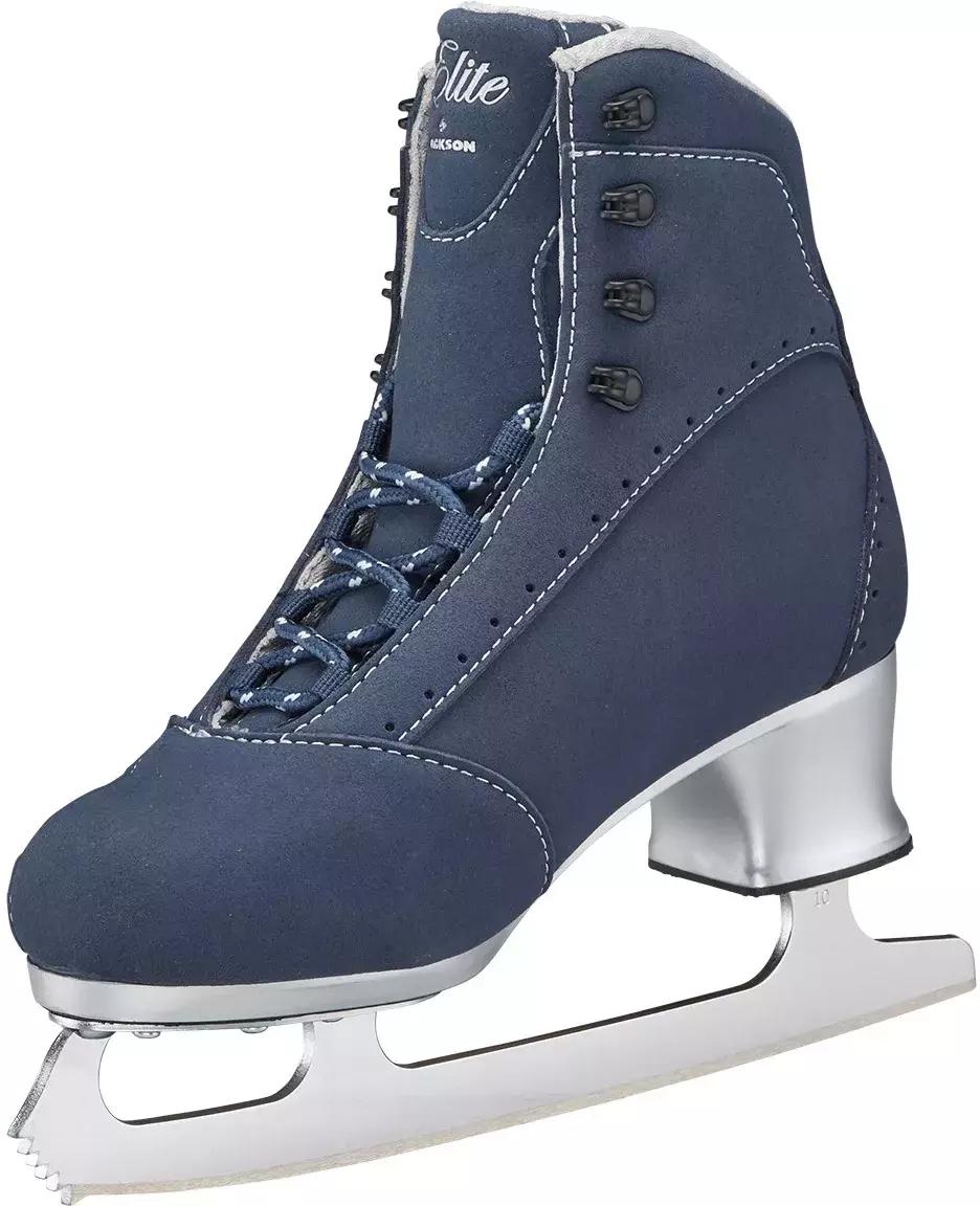 Jackson Ultima Softec Elite ST7200 Women’s Ice Skates / Navy 7 Navy Softec Elite ST7200 from the inside front showing the reinforced toe wrap and punched vent holes