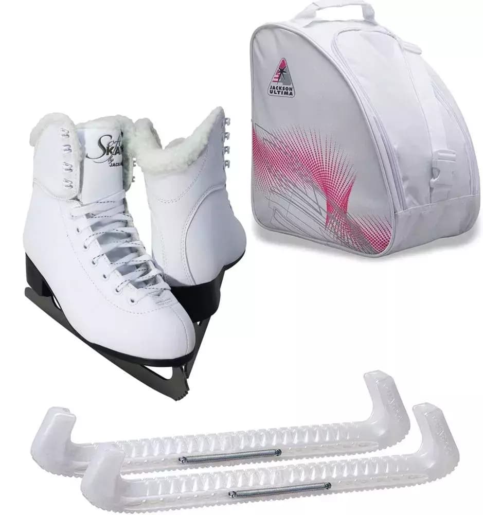 Jackson Ultima SoftSkate Womens’ Ice Skates / Bundle with Jackson Bag, Guardog Skate Guards / White