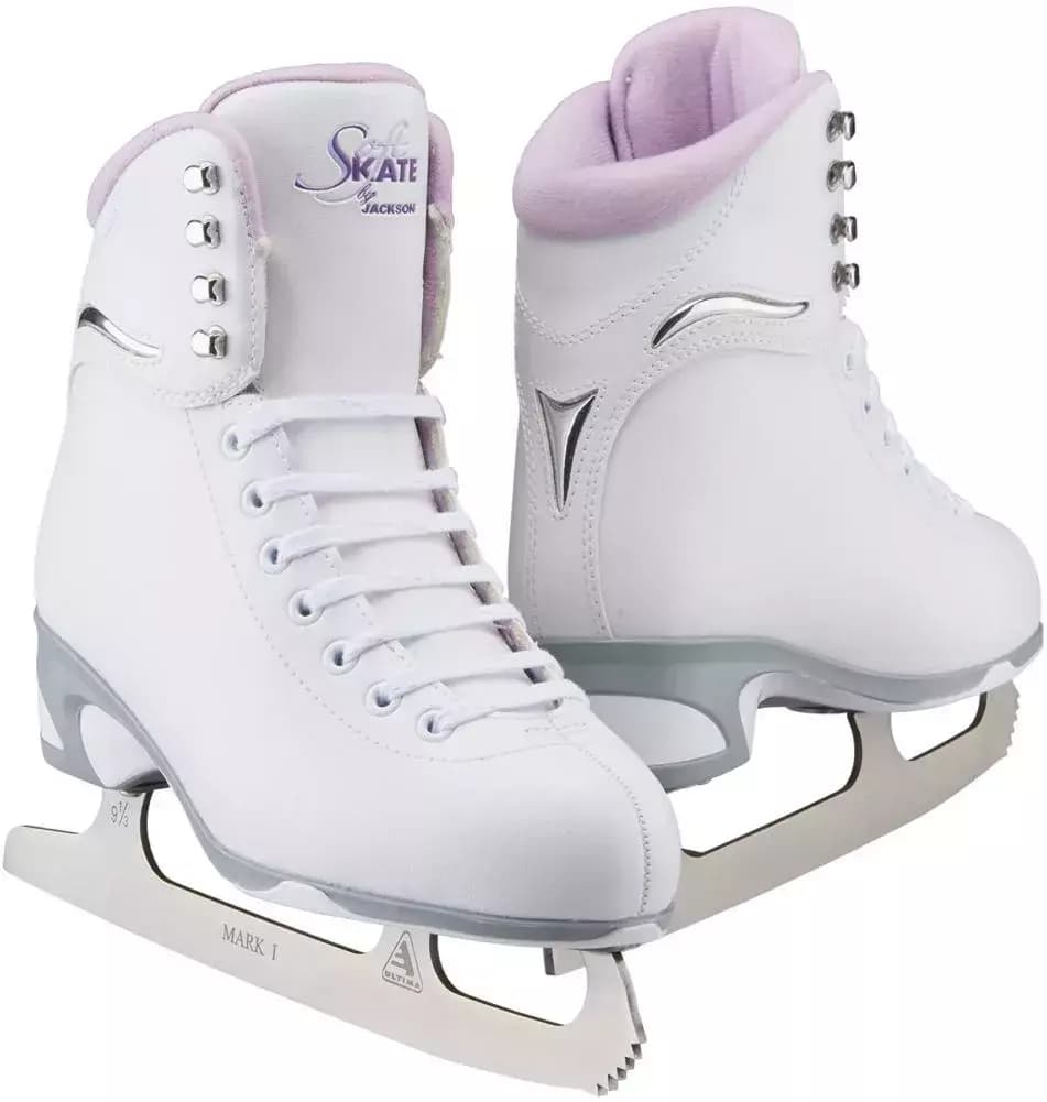 Jackson SoftSkate JS180 in Purple: white boot with a lilac padded collar and Ultima Mark I blade