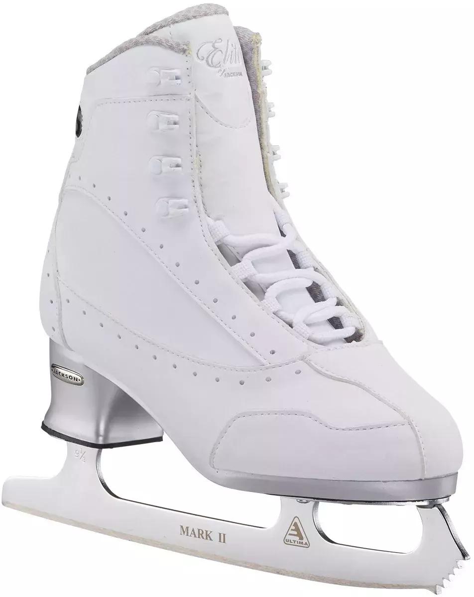 Jackson Ultima Softec Elite ST7200 Women’s Ice Skates / White 6 White Jackson Softec Elite ST7200, outside three-quarter view with the Ultima Mark II blade and Jackson heel badge