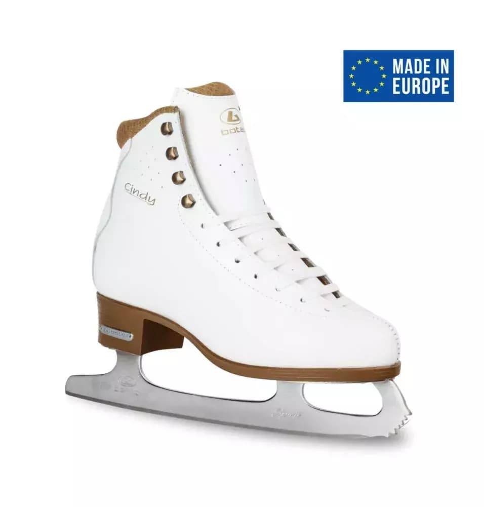 BOTAS Cindy Women’s and Girls’ Figure Skates 10 BOTAS Cindy leather figure skate with a Made in Europe badge, showing the elastic calf cuff and brown plastic sole