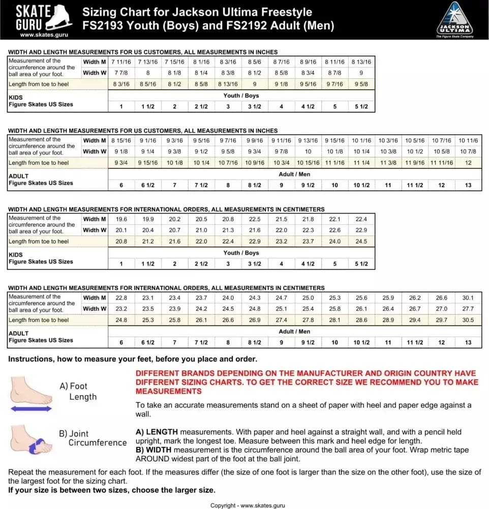 Sizing chart for Jackson Ultima Freestyle FS2193 youth and FS2192 adult figure skates, widths M and W