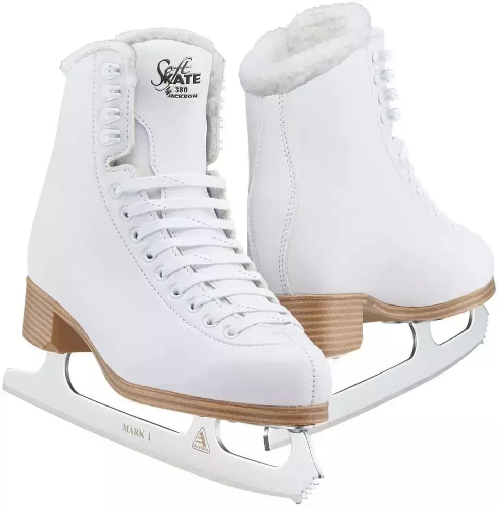 Pair of white Jackson Classic SoftSkate 380 figure skates with fleece-lined rolled collars and white Ultima Mark I blades
