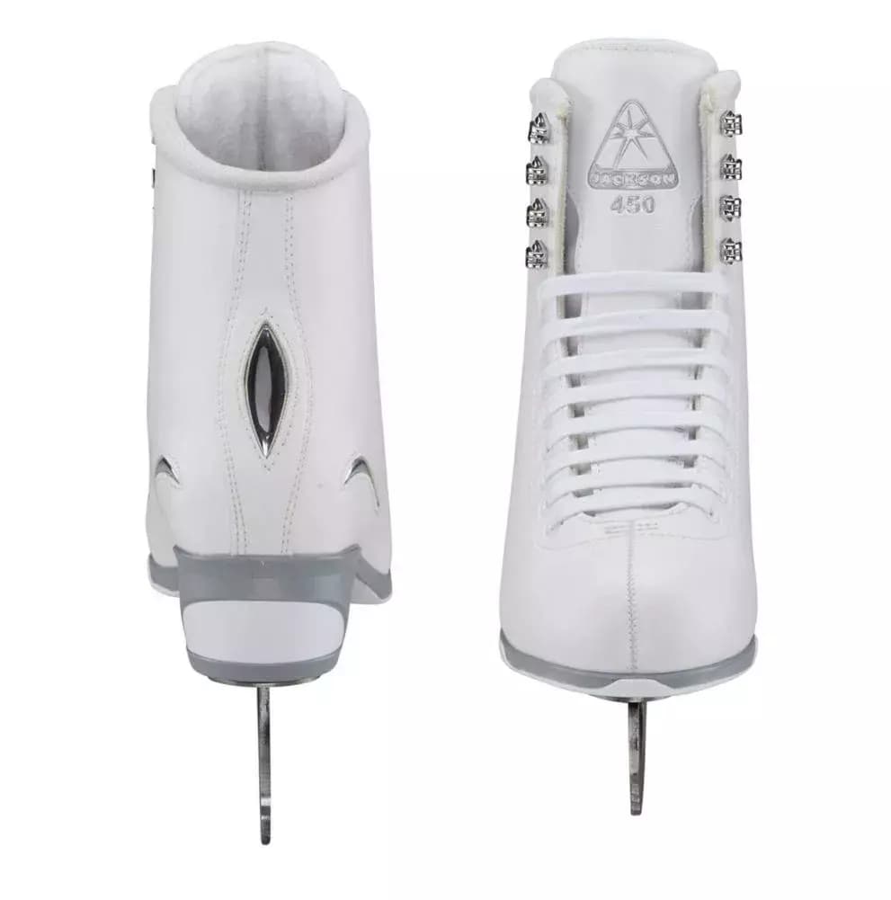 Front and back view of Jackson Finesse JS450 white figure skates