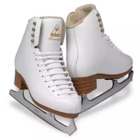 Jackson Ultima Freestyle DJ2190 white figure skates, pair shown with Ultima Aspire blades and tan layered cork-leather LCL soles