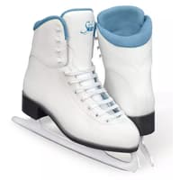 Jackson Glacier GS180 white figure skate with blue lining and collar, charcoal PVC outsole and Ultima Mark I blade