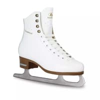BOTAS Dagmar white leather figure skate, side view: gold Dagmar lettering, four brass hooks, brown plastic sole and Botas Sabrina blade