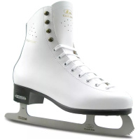 BOTAS Dagmar VERTIGO white figure skate, three-quarter view with gold Dagmar lettering, four brass hooks and graphite sole