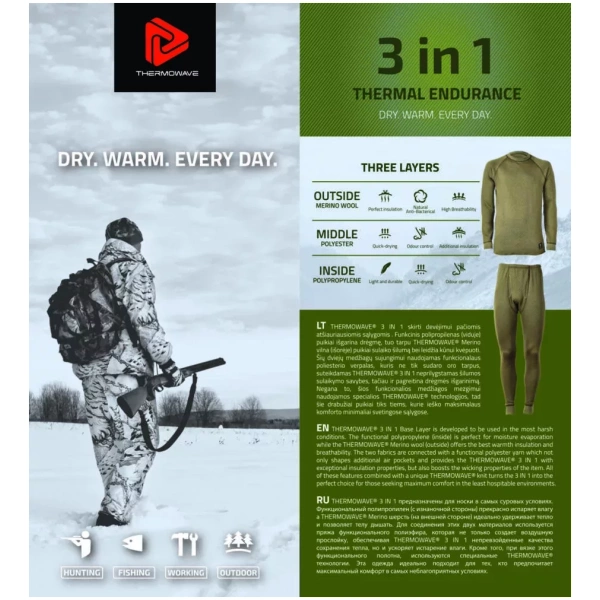 THERMOWAVE – MERINO 3 IN 1 / Pantalon thermique en laine mérinos pour pêche, chasse Bas