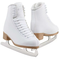 Pair of Jackson Ultima Classic 200 white figure skates with antique tan soles and Ultima Mark I blades