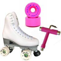 White Jackson Finesse skates with Pink Roll-Line Boxer wheels and tool